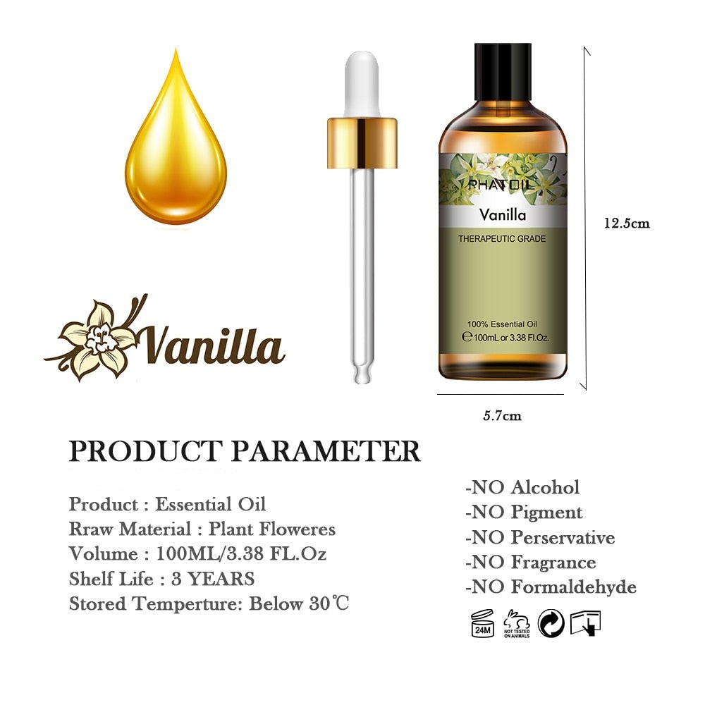 100ml Vanilla Essential Oil Diffuser Pure Natural Aromatherapy Essential Oils Lavender Eucalyptus Ylang Ylang Tea Tree Aroma Oil