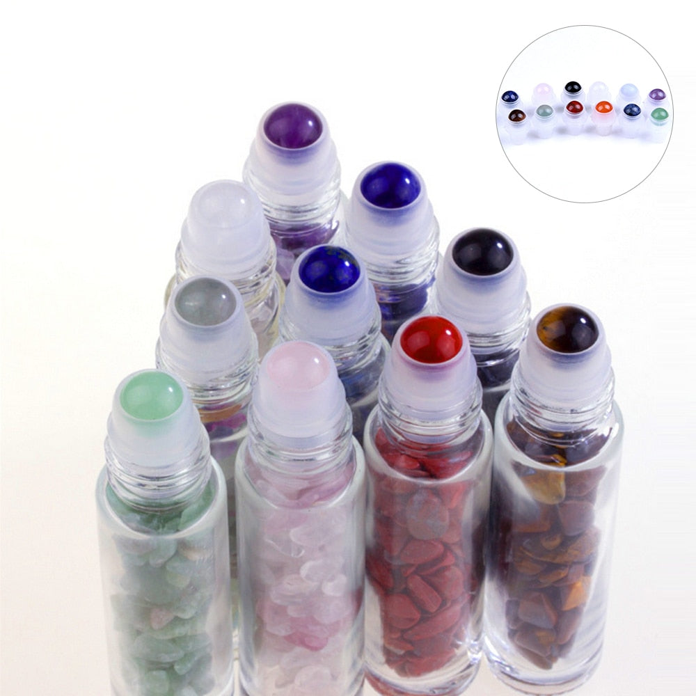 10pcs Essential Oil Bottles Roll On Roller Ball Healing Crystal Chips Semiprecious Stones Bottles Refillable Bottle Container