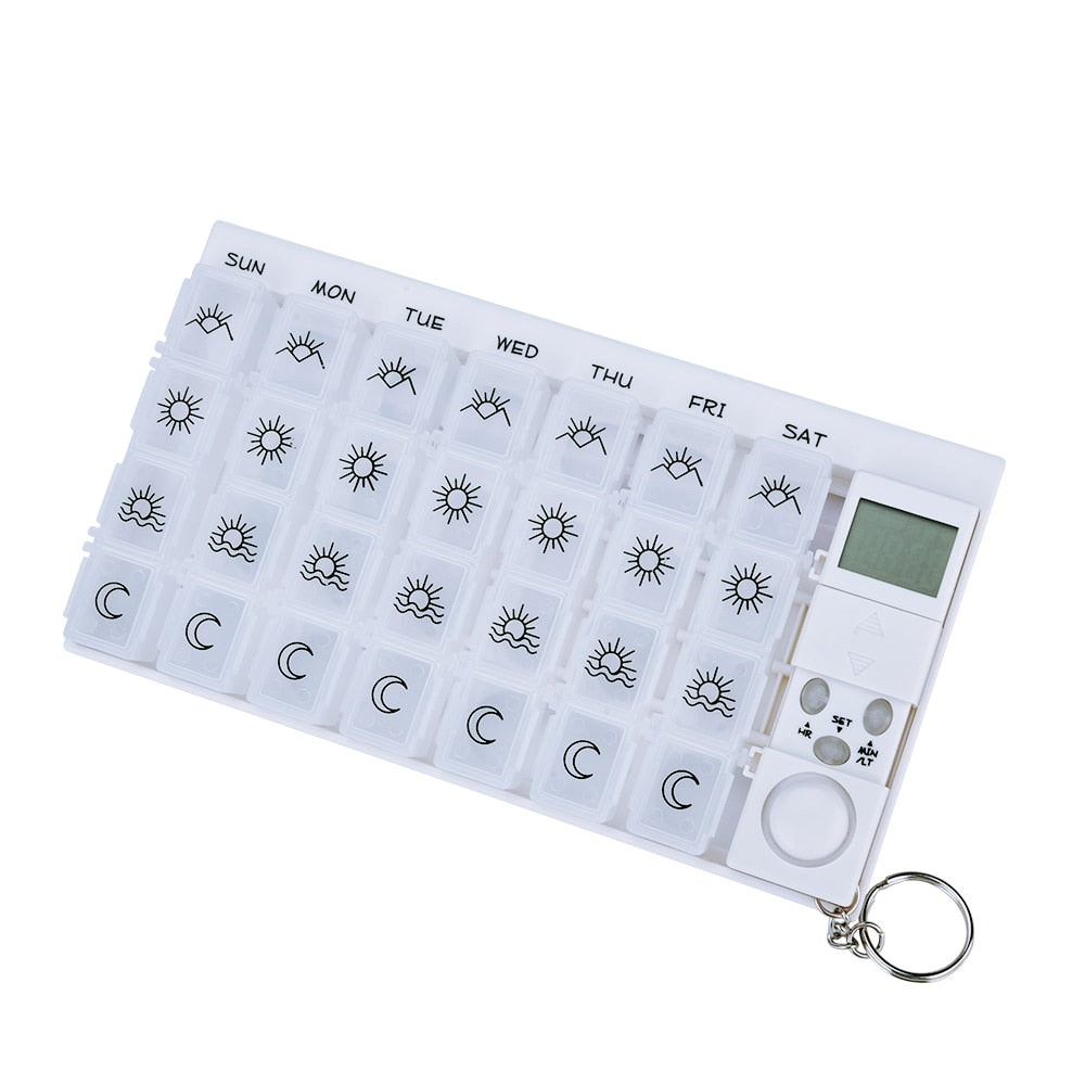 7 Days Pill Box Medicine Pill Case Organizer LED Timer Reminder 28 Grids Weekly Tablets Storage Pill Dispenser Alarm Clock