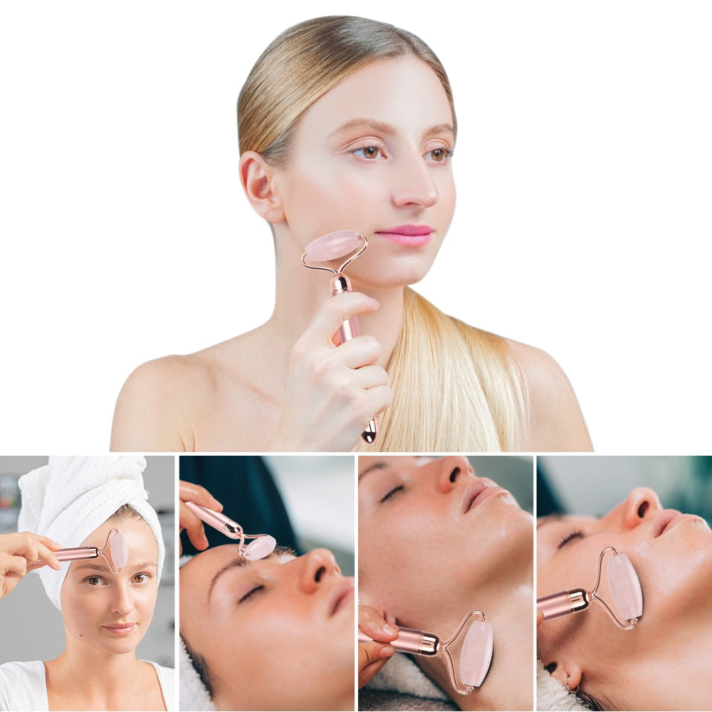 Electric Jade Roller Slimming Face Massage Lifting Vibrating Rose Quartz Genuine Green Jade Stone Facial Beauty Accessories