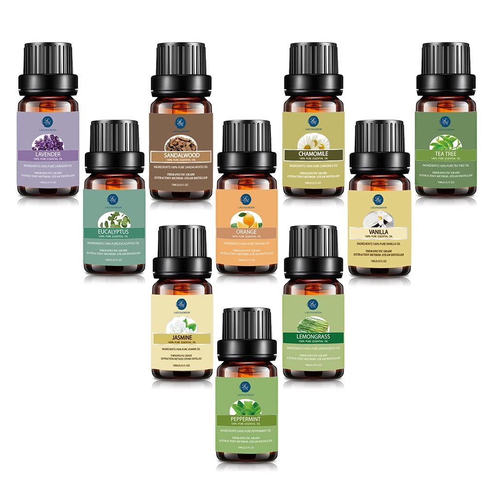 10Pcs/kit Pure Essential Oils Gift Set With Travel Bag Humidifier Massage Orange Peppermint Tee Tree Lavender Lemon