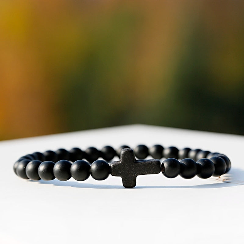 Black Natural Matte Onyx Stone Cross Yoga Beaded Bracelets Hommes Handmade Boyfriend Gift Jewelry Men Wristband