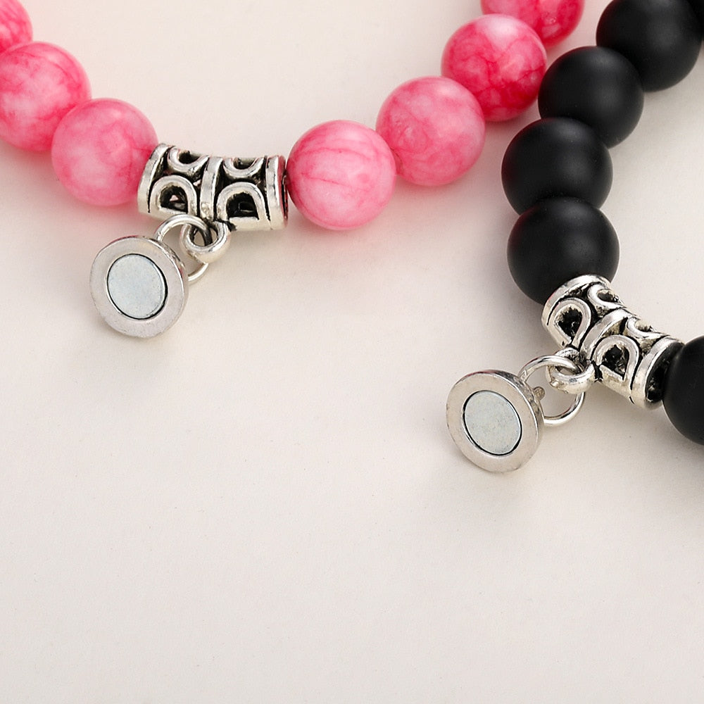 2Pcs Charm Beads Couple Bracelets Natural Rock Stone Magnet Attractive Yin Yang Symbol Wristlets for Women Men Jewelry Gift