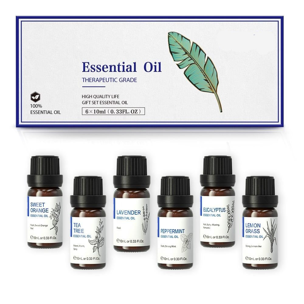 6Pcs/set 10ML Essential Oil Gift Box Tea Tree Peppermint Lavender Lemongrass Eucalyptus Vanilla Cinnamon Sandalwood Oil