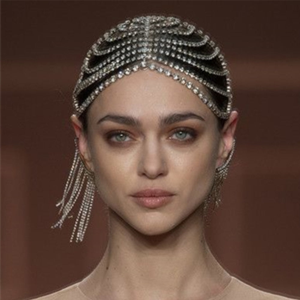 Multi Layers Bridal Headpiece Rhinestone Chain Flapper Cap Head Chain Backside Forehead Crystal Hair Chain Headband - Hair Jewelry