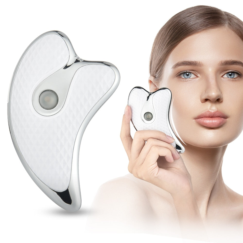 Heated Vibrating Facial Massager Electric Gua Sha Board Red Blue Light Therapy Scraping Plate Face Lifting Slimming Tools
