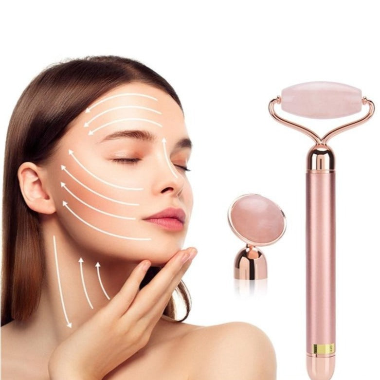 Electric Jade Roller Slimming Face Massage Lifting Vibrating Rose Quartz Genuine Green Jade Stone Facial Beauty Accessories