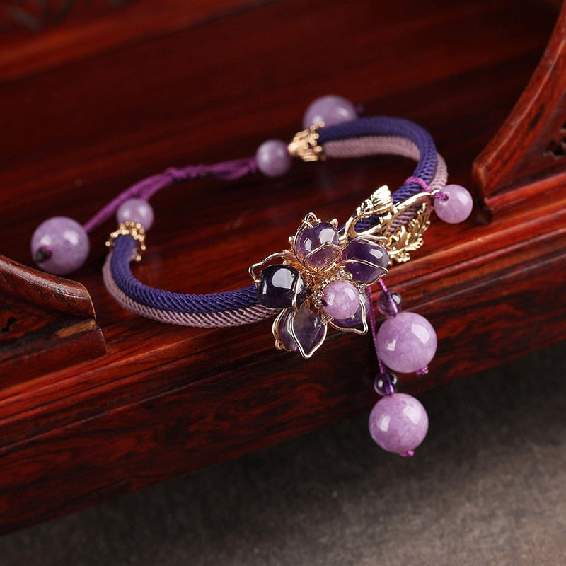 Cute Ethnic Purple Stone Flower Charms Bracelet Bangle for Women Crystal Bead Fit Love Jewelry Pulseras Gifts for the new year|Charm Bracelets|