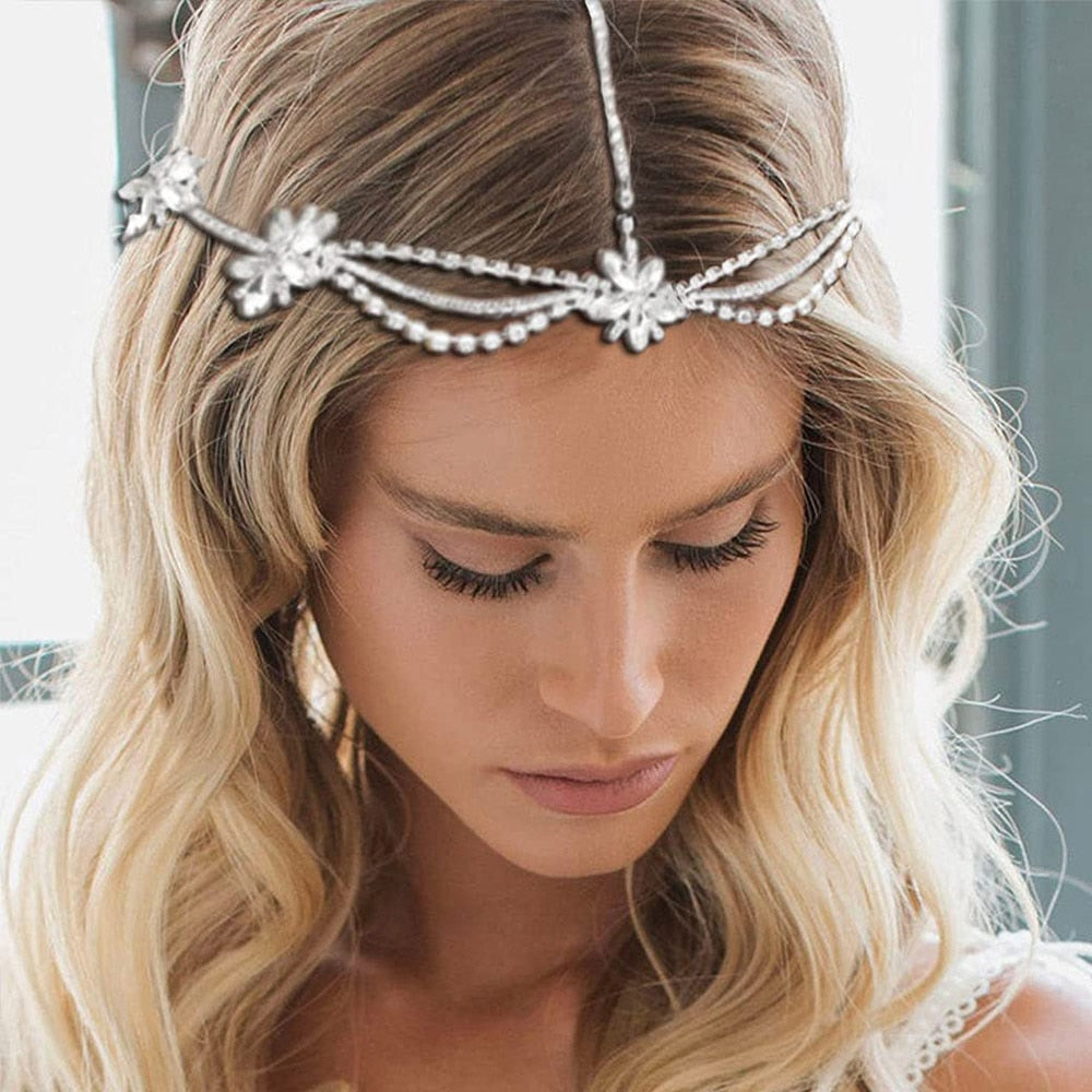 Flower Shape Rhinestone Head Chain Bride Forehead Headband Tiara Wedding Hair Chain Bohemia Bridal Headwear Jewelry - Hair Jewelry