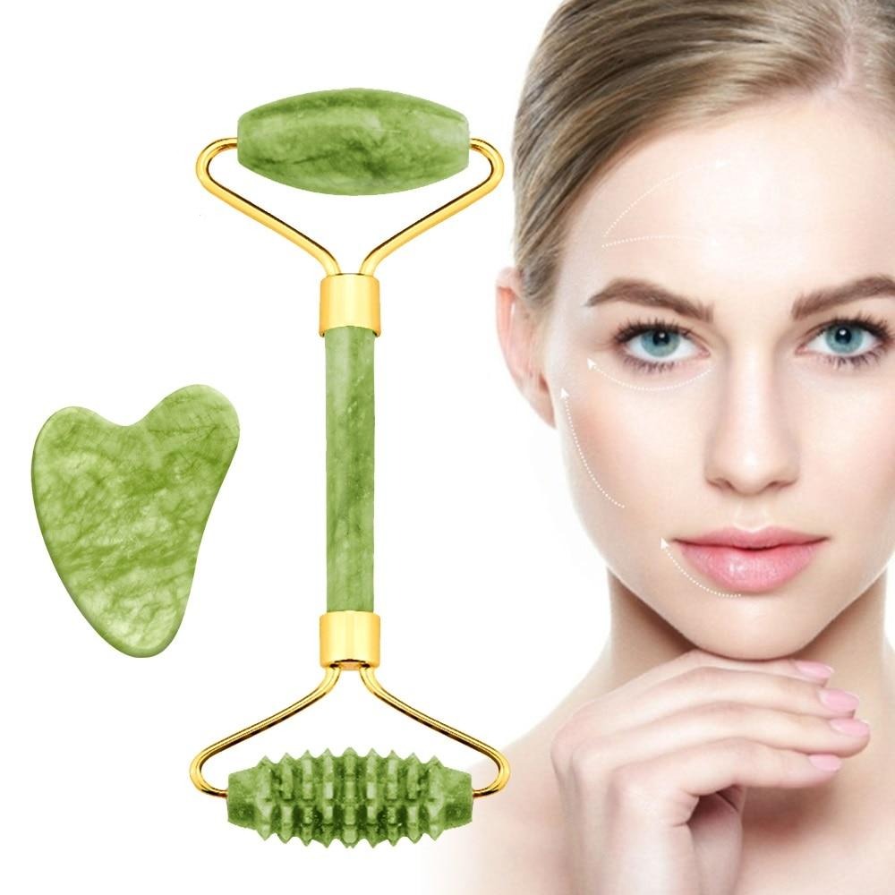 2PCS Jade Roller and Gua Sha Set Massager For Face Jade Roller Face Skin Care Tools Natural Scraper Body Back Slimming Massagers