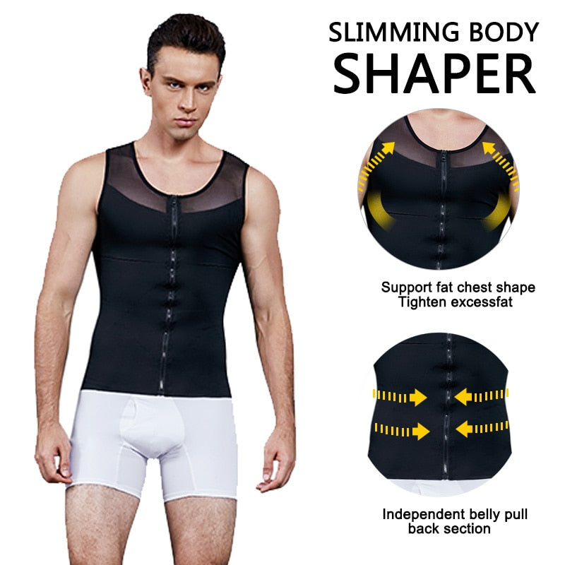 Mens Chest Compression Shirt Gynecomastia Vest Slimming Shirt Body Shaper Tank Top Front Zipper Corset For Man Shapewear