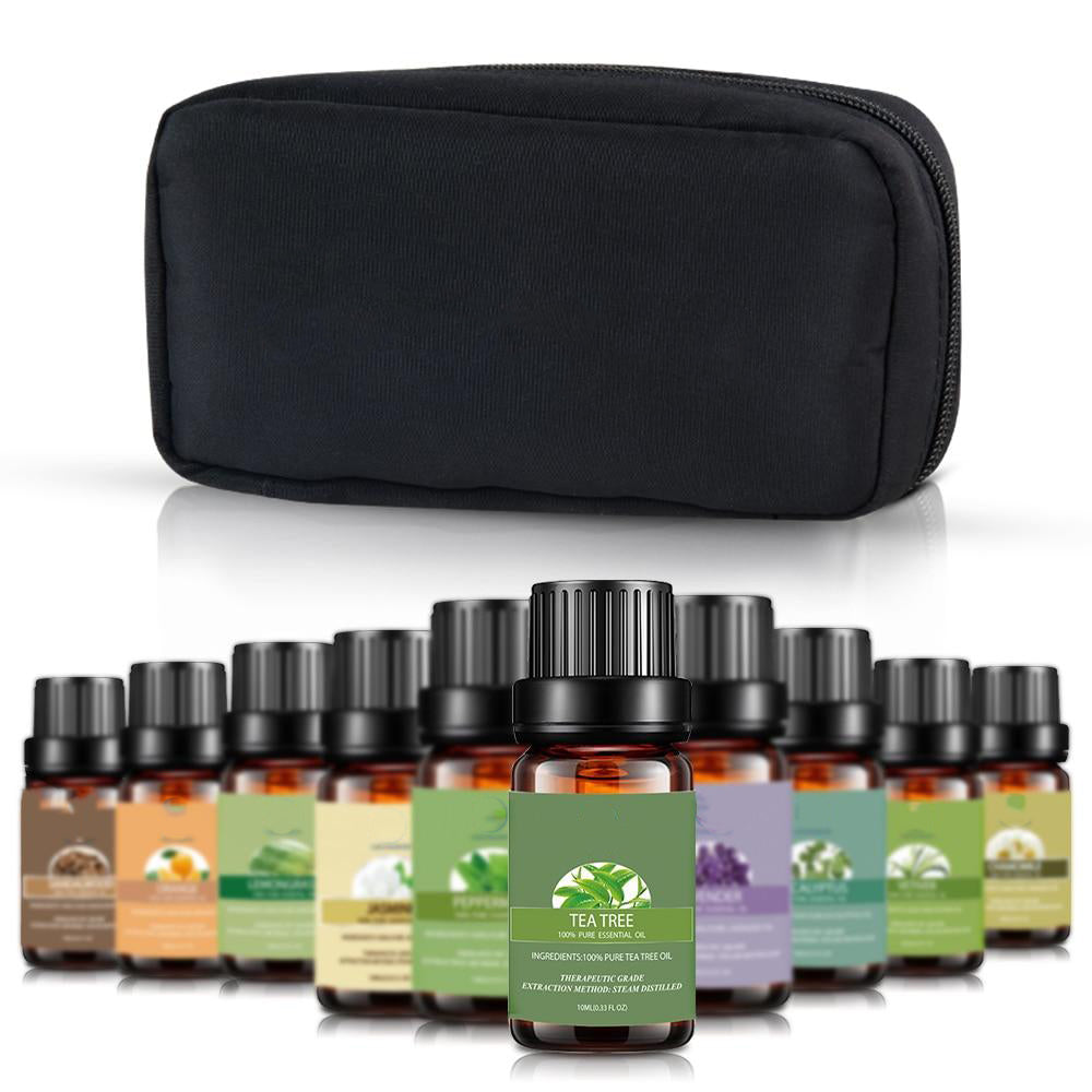 10Pcs/kit Pure Essential Oils Gift Set With Travel Bag Humidifier Massage Orange Peppermint Tee Tree Lavender Lemon