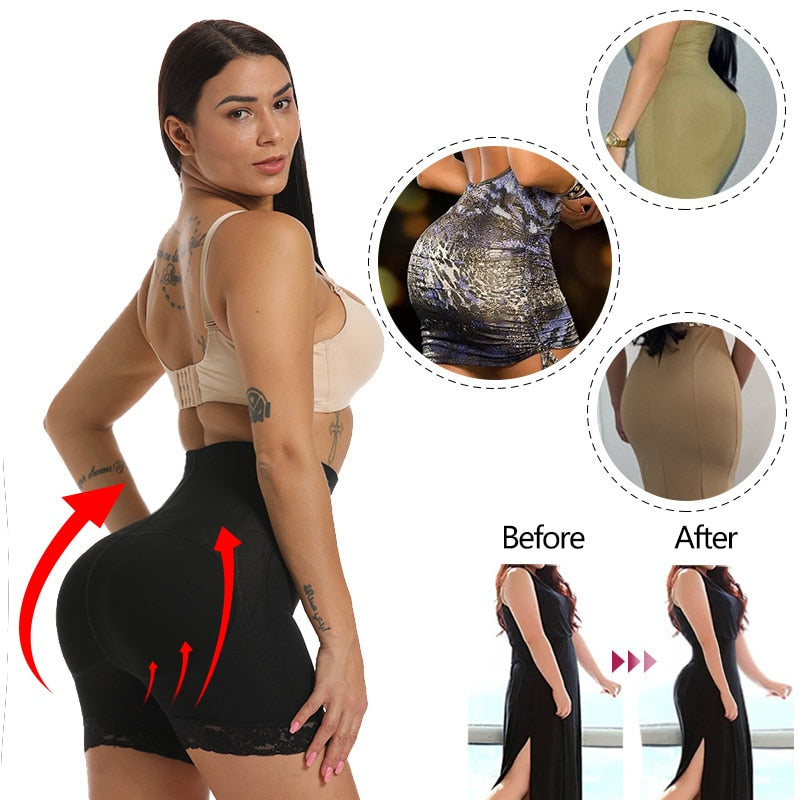 Women High Waist Lace Butt Lifter Body Shaper Tummy Control Panties Boyshort Pad Shorts Hip Enhancer Shapewear