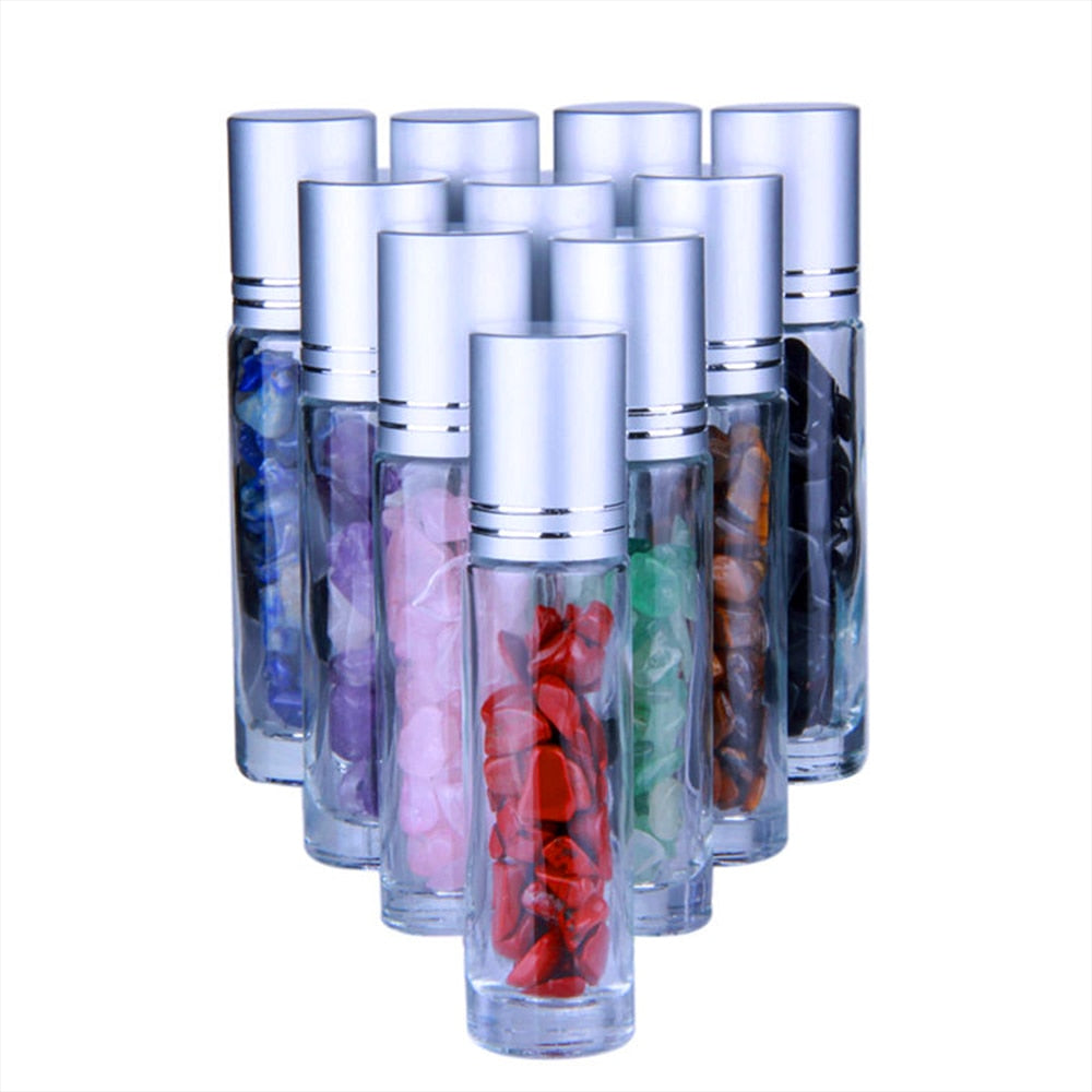 10pcs Essential Oil Bottles Roll On Roller Ball Healing Crystal Chips Semiprecious Stones Bottles Refillable Bottle Container