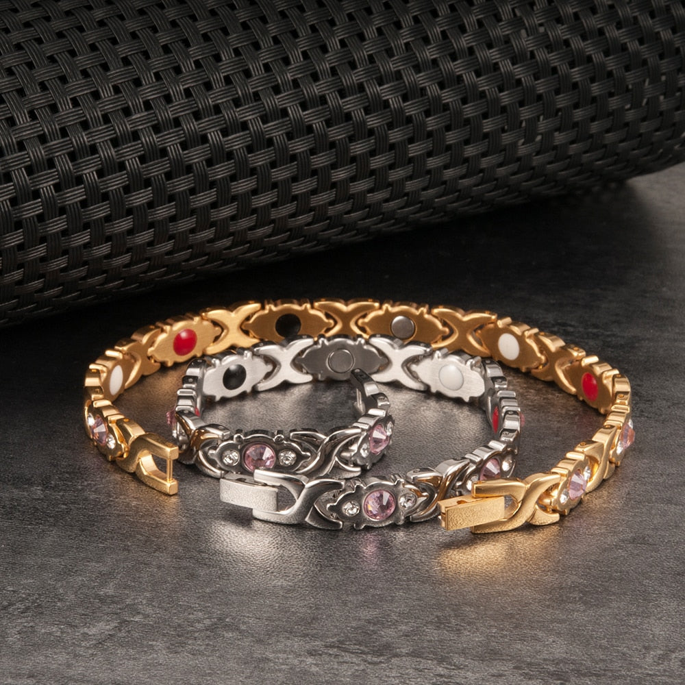 Vinterly Magnetic Bracelet Women Chain Crystal Gold color Stainless Steel Bracelet Women Cross Health Energy Bracelets for Women