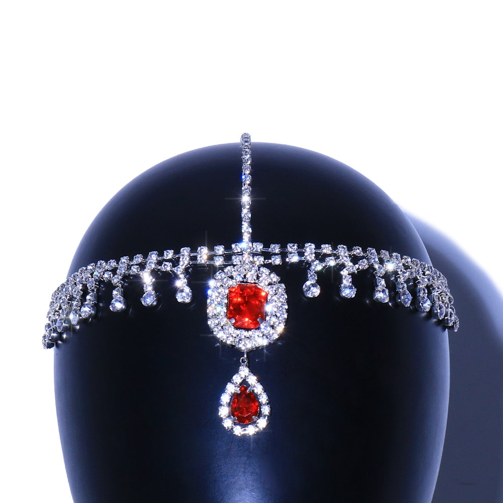 Boho Red Crystal Headband Hair Chain Women Water Drop Forehead Pendant Rhinestone Head Chain Bridal Headpiece Jewelry - Hair Jewelry