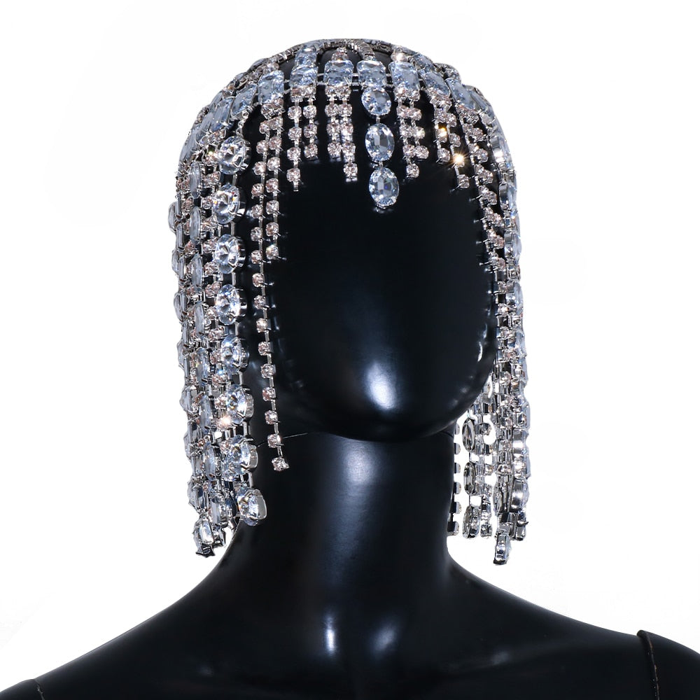 Geometric Crystal Tassel Hair Chain Bridal Headpiece for Women Rave Accessories Rhinestone Head Chain Hat Boho Jewelry| |