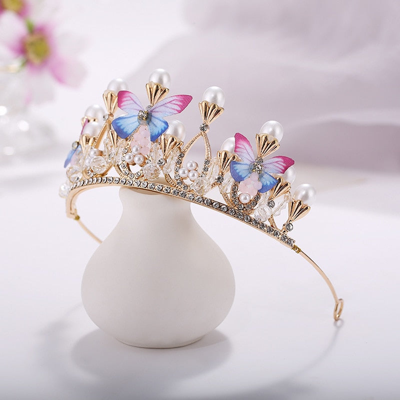 Pearl Crystal Princess Crown Handmade Rhinestone Tiaras for Girls Birthday Wedding Model Catwalk Queen Diadems Butterfly Decor|Women Hair Accessories|