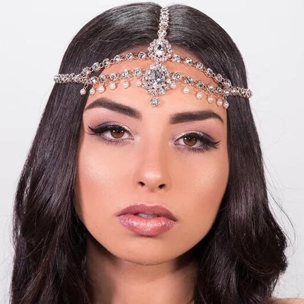 Novel Bohemia Bridal Tiara Crystal Zircon Drop Hair Chain Women Forehead Wedding Headpiece Rhinestone Boho Head Chain - Hair Jewelry