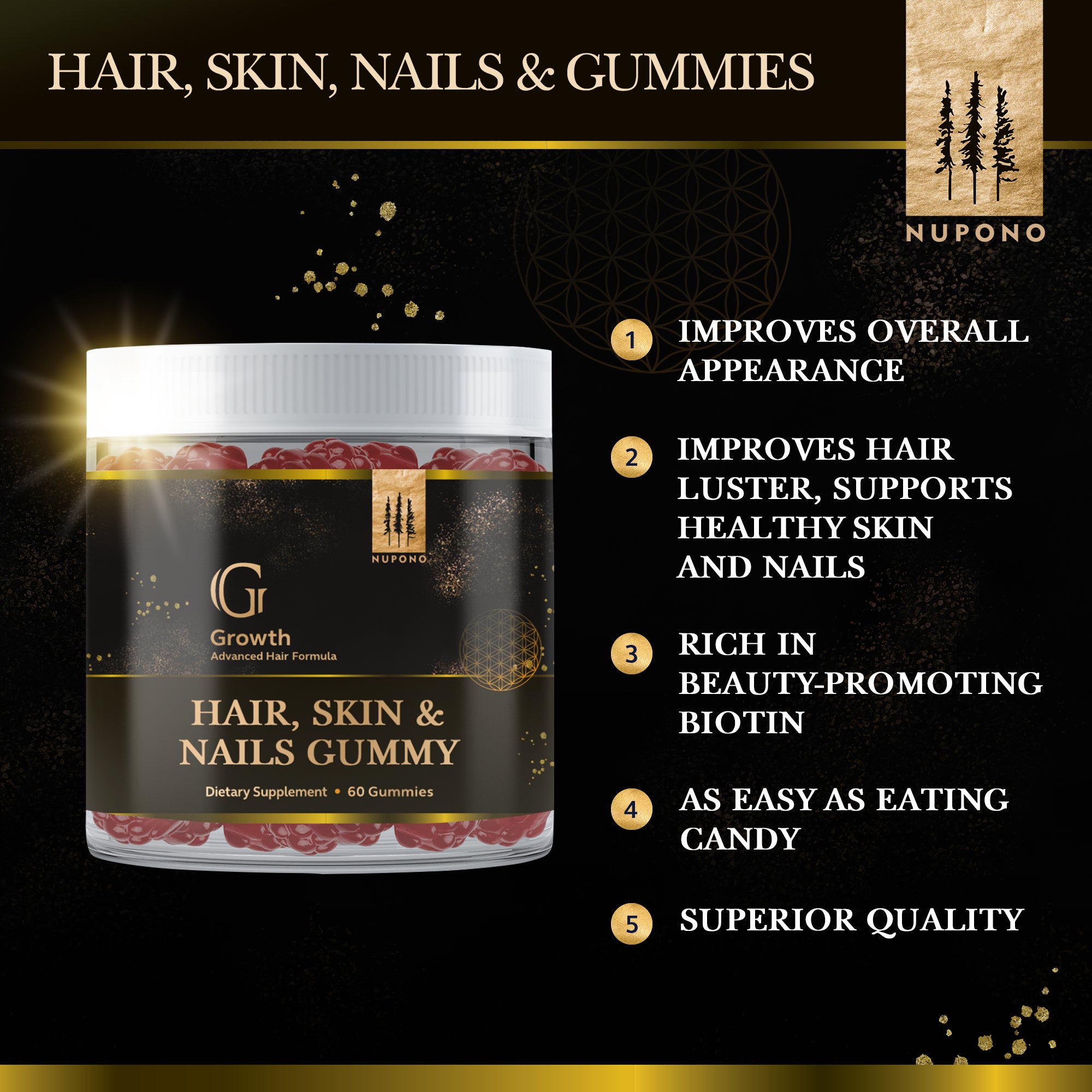 Hair, Skin & Nails Gummies, 60 Gummies - Improves Hair Luster and Shine, Strengthens Nails, and Supports Healthy Skin. Vitamin A, C, D, E, B6