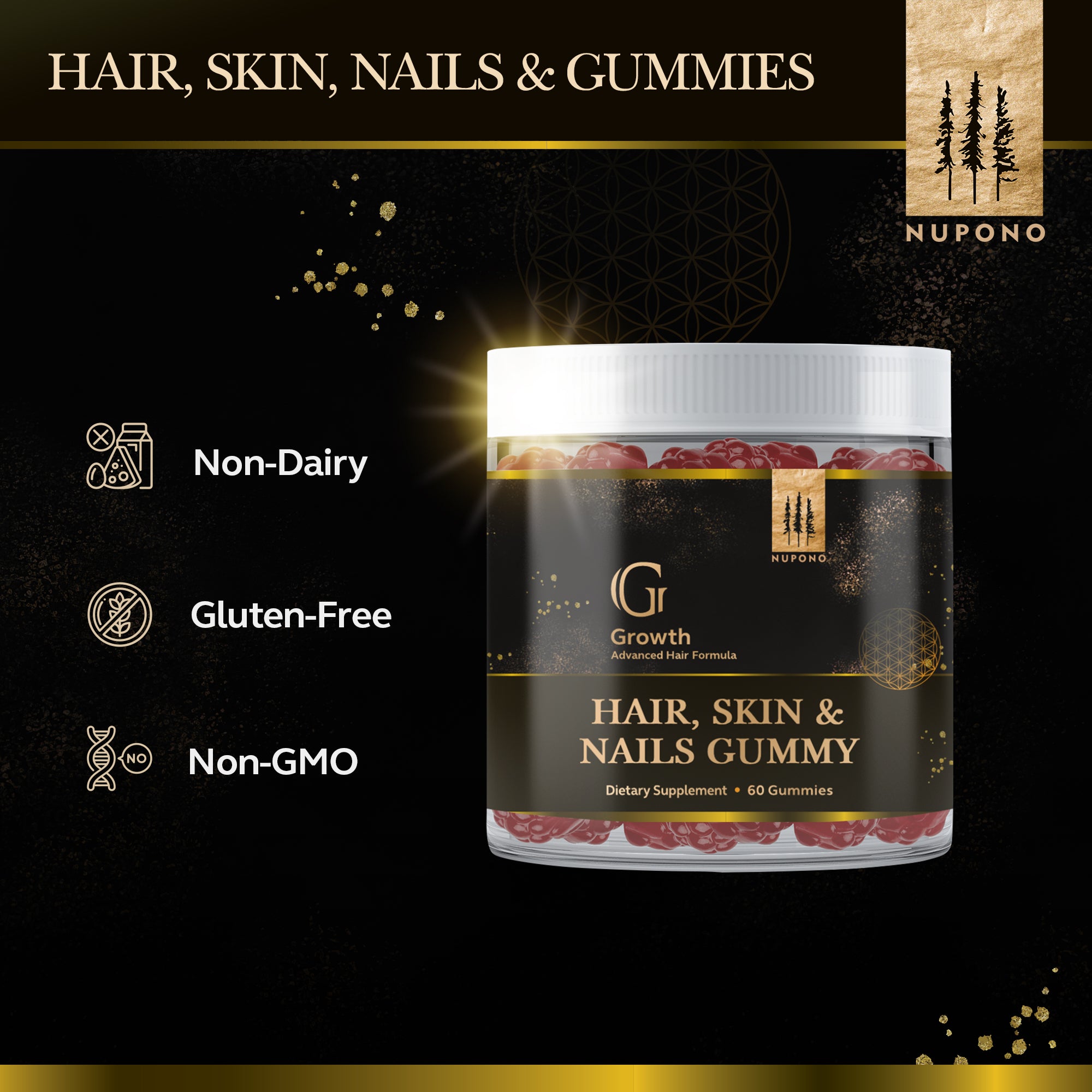Hair, Skin & Nails Gummies, 60 Gummies - Improves Hair Luster and Shine, Strengthens Nails, and Supports Healthy Skin. Vitamin A, C, D, E, B6