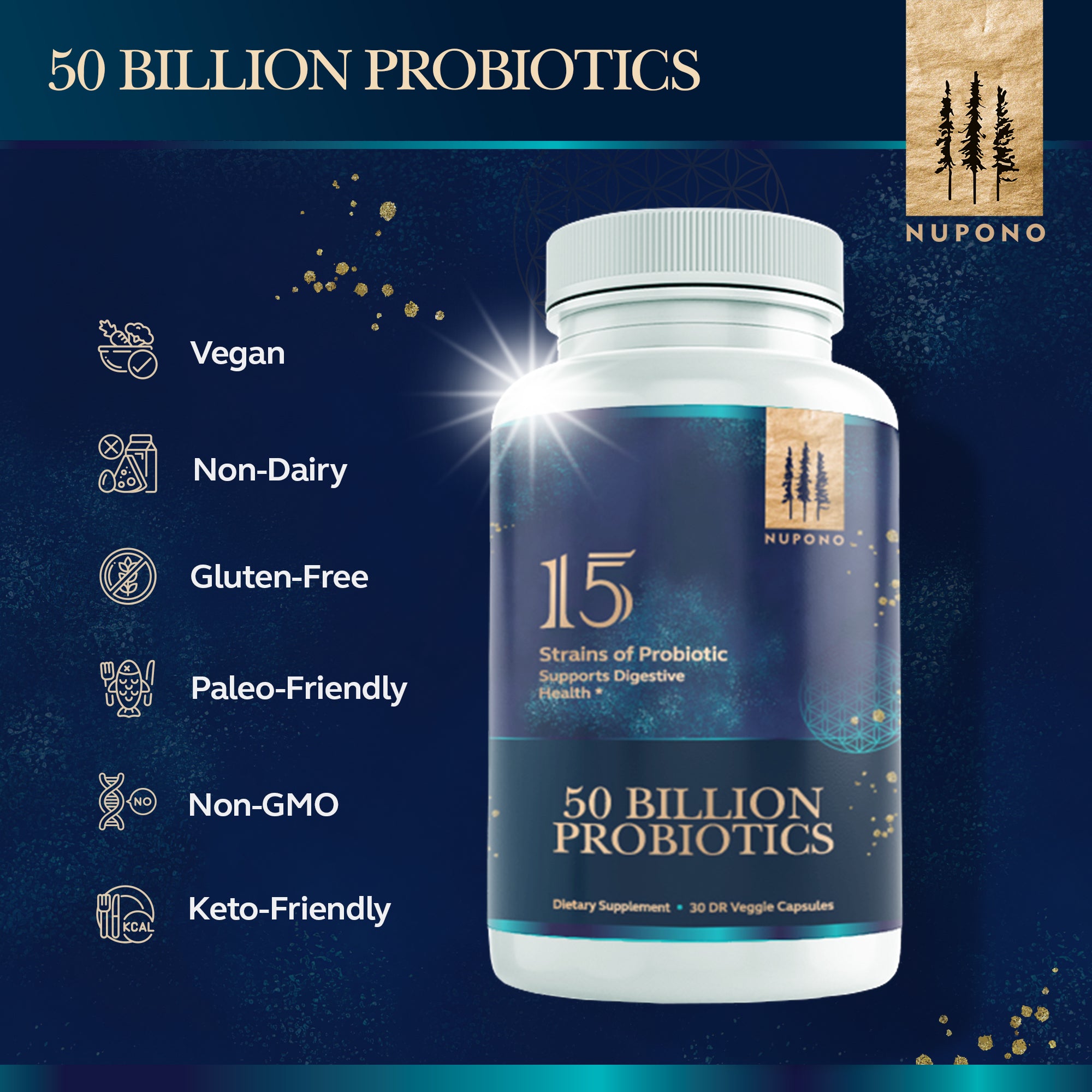 15 Strains 50 billion CFU Probiotic- Healthy Microbiome & Natural Digestive Function