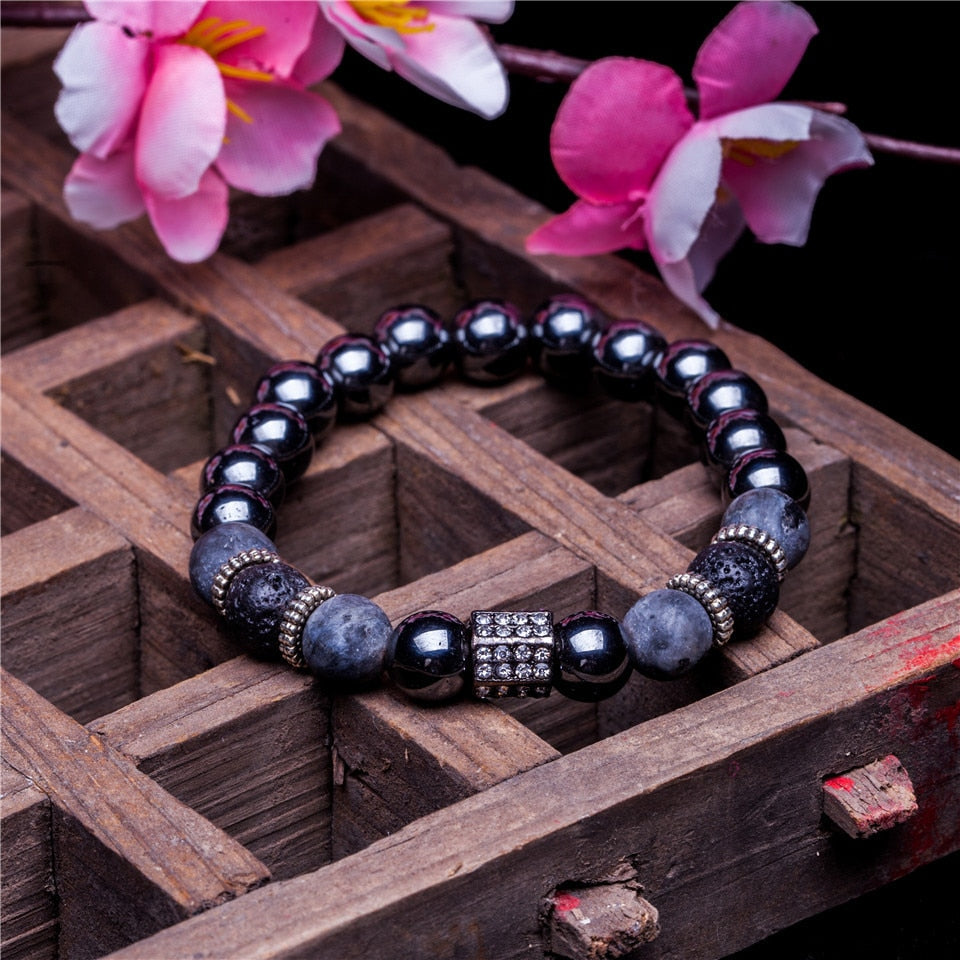 2020 Brand New Fashion Pave Men Bracelet 8mm Stone Beads With Hematite Bead Diy Love Heart Charm Bracelet For Men Jewelry Gifts