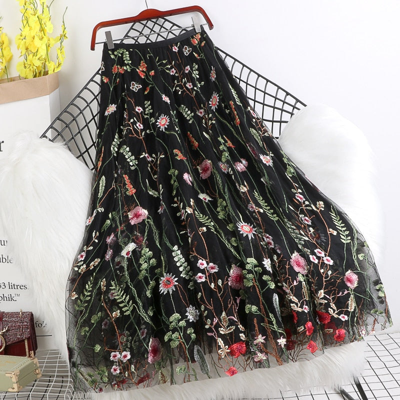 Spring Women Mesh Skirt Fashion Flowers Sequin Embroidery Long Skirt Ladies Summer Casual Mid calf Swing Skirts