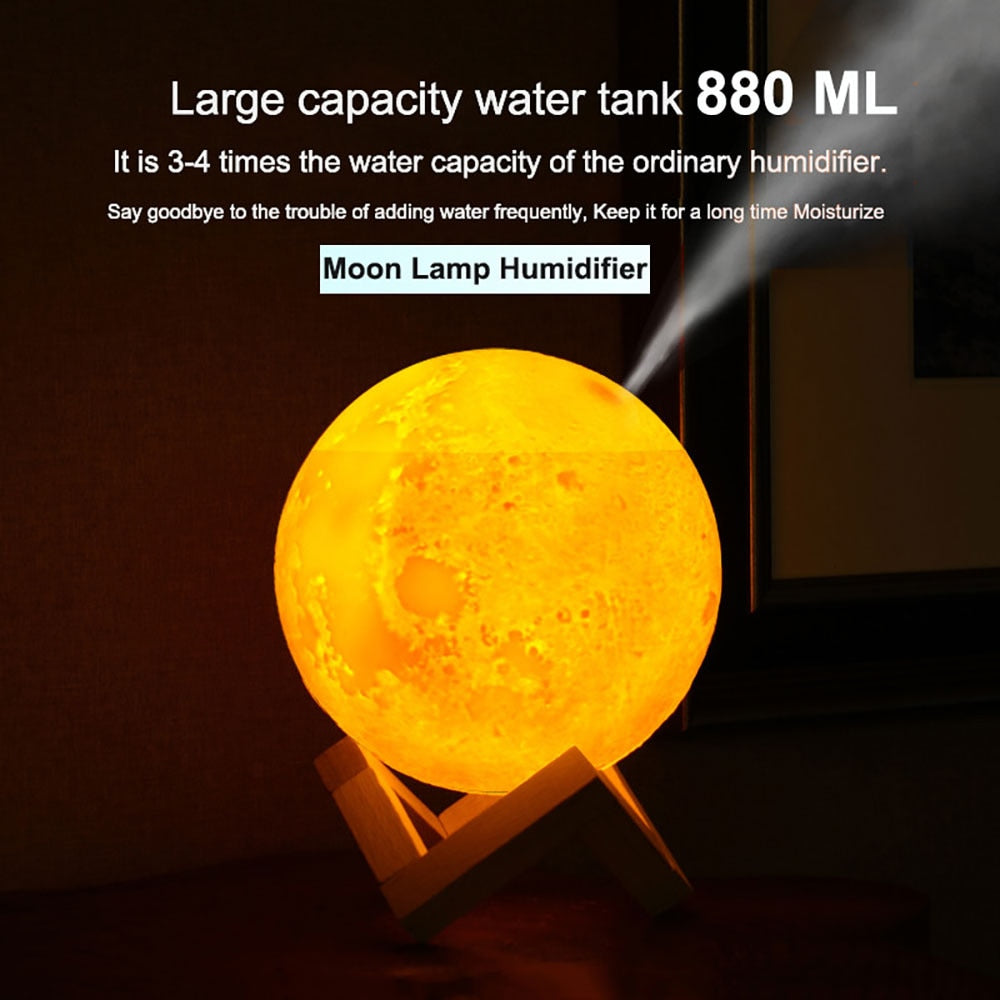 880mL Air Humidifier 3D Moon Lamp USB Aroma Ultrasonic Essential Oil Diffuser Purifier for Home Office Night Light Mist Purifier