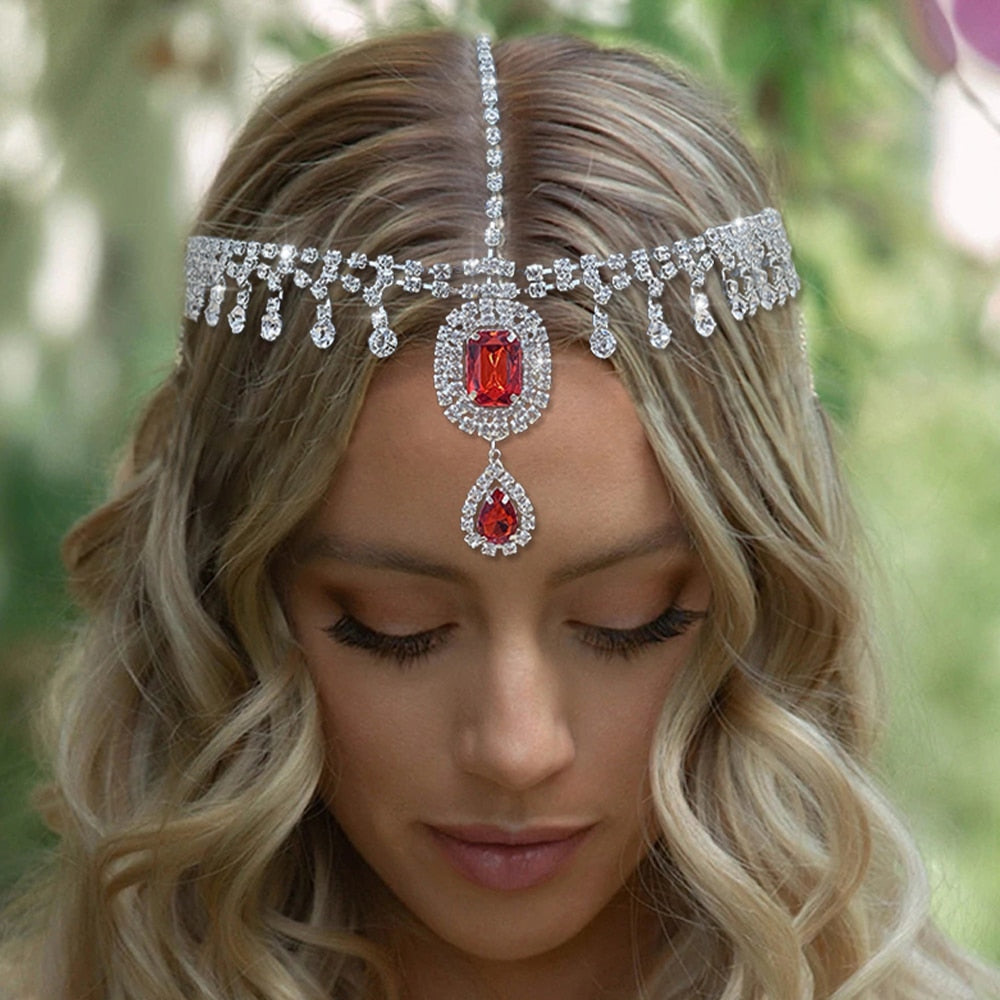 Boho Red Crystal Headband Hair Chain Women Water Drop Forehead Pendant Rhinestone Head Chain Bridal Headpiece Jewelry - Hair Jewelry