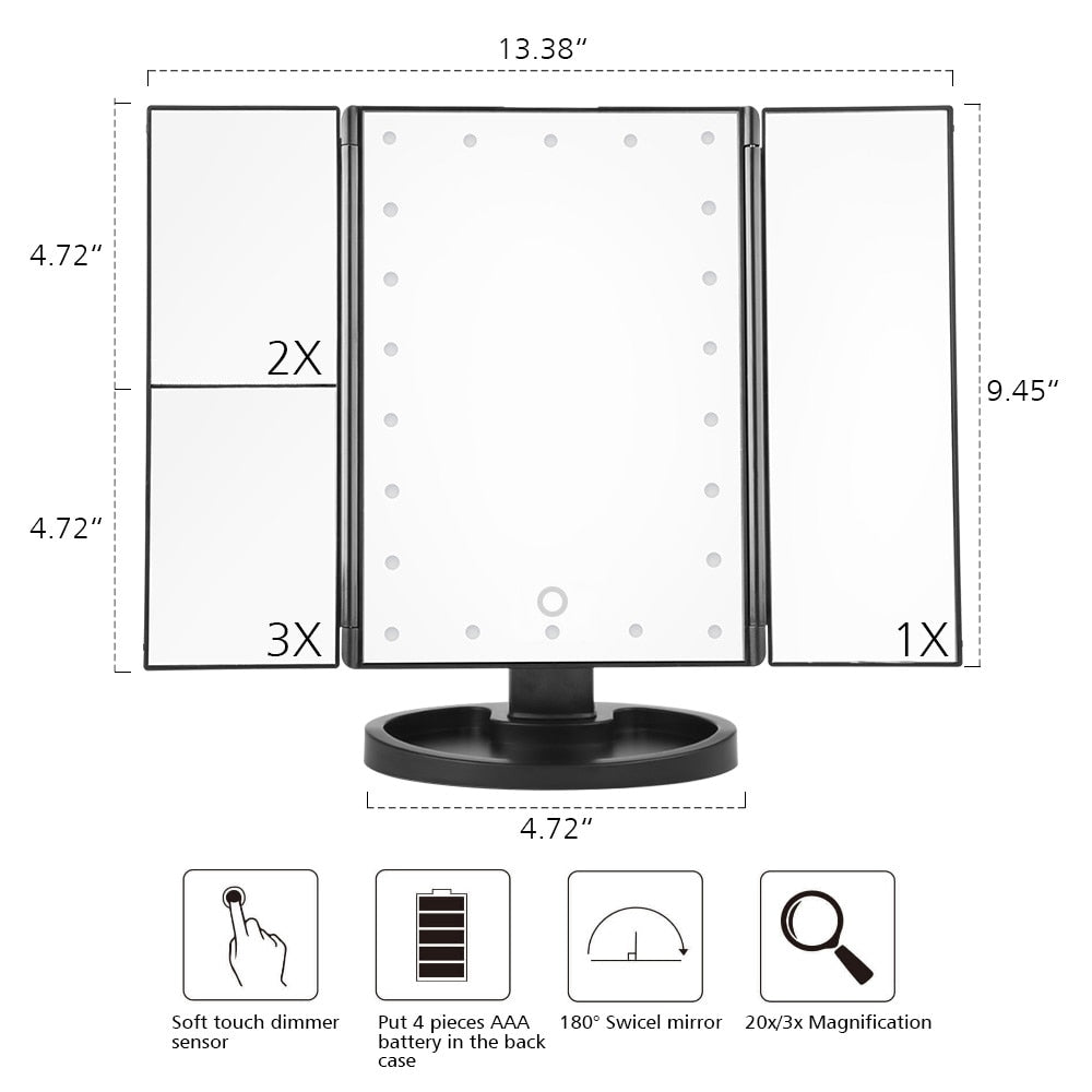 LED Touch Screen 22 Light Makeup Mirror Table Desktop 1x/2x/3x/10x Magnifying Vanity 3 Folding Adjustable lighted makeup mirror