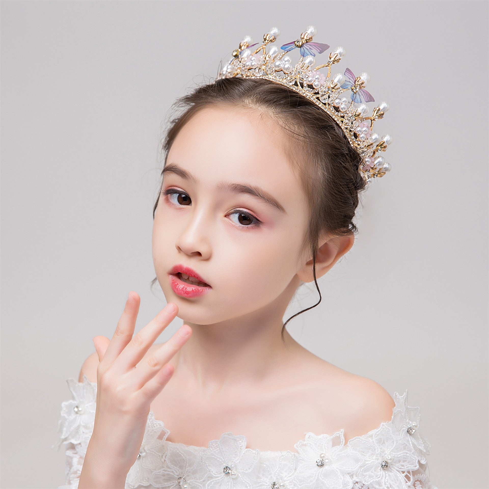 Pearl Crystal Princess Crown Handmade Rhinestone Tiaras for Girls Birthday Wedding Model Catwalk Queen Diadems Butterfly Decor|Women Hair Accessories|