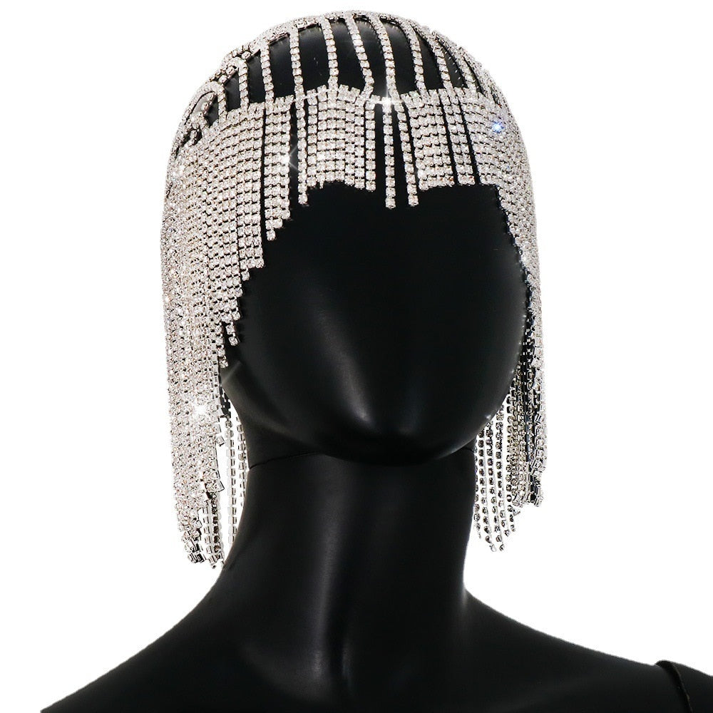 Long Tassel Hair Chain Head for Women Backside Forehead Flapper Cap Crystal Headband Hat Bridal Headpiece Jewelry Gift| |
