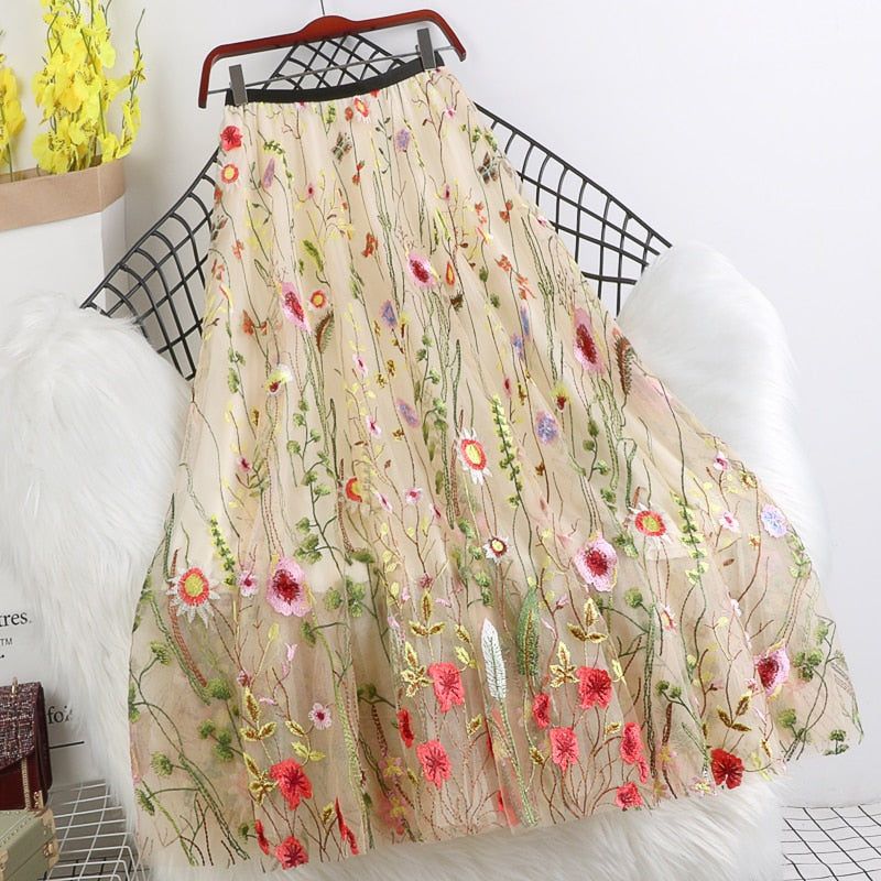 Spring Women Mesh Skirt Fashion Flowers Sequin Embroidery Long Skirt Ladies Summer Casual Mid calf Swing Skirts