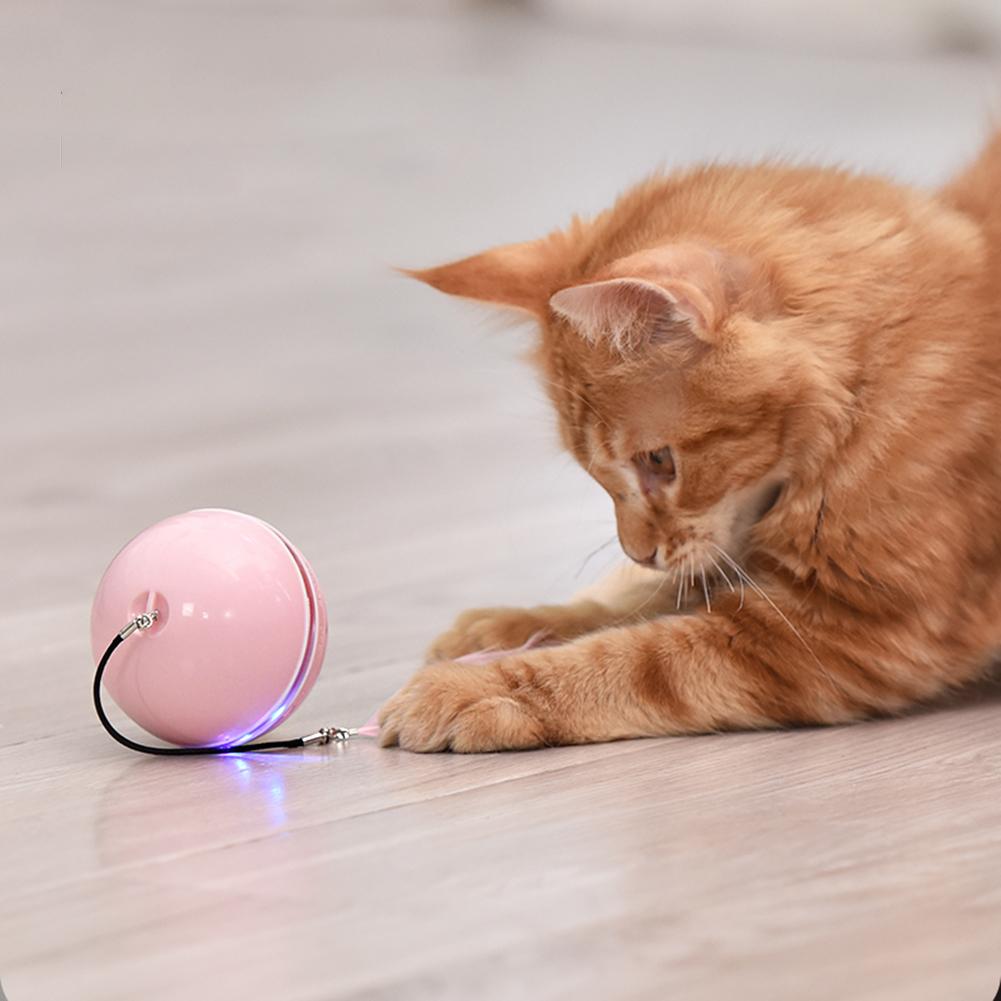 Smart Interactive Cat Toy Colorful LED Self Rotating Ball With Catnip Bell and Feather Toys USB Rechargeable Cat Kitten Ball Toy
