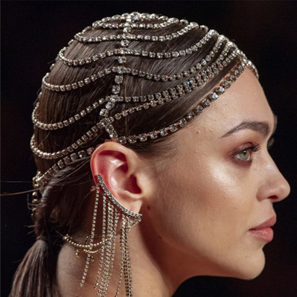 Multi Layers Bridal Headpiece Rhinestone Chain Flapper Cap Head Chain Backside Forehead Crystal Hair Chain Headband - Hair Jewelry