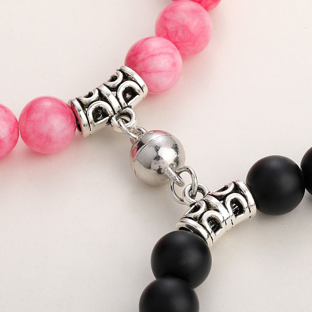 2Pcs Charm Beads Couple Bracelets Natural Rock Stone Magnet Attractive Yin Yang Symbol Wristlets for Women Men Jewelry Gift