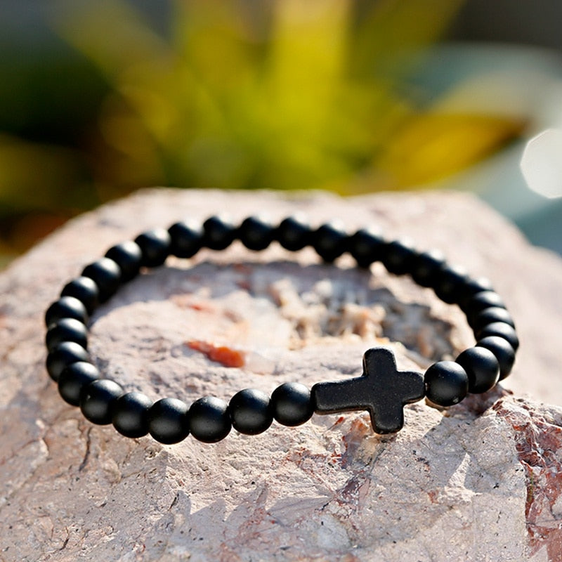 Black Natural Matte Onyx Stone Cross Yoga Beaded Bracelets Hommes Handmade Boyfriend Gift Jewelry Men Wristband