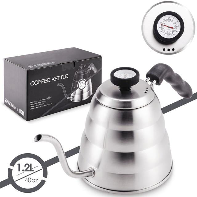 Stainless Steel Tea Coffee Kettle with Thermometer, Gooseneck Thin Spout for Pour Over Coffee Pot, Works on Stovetop, 40oz/1.25L
