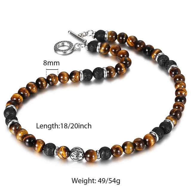8mm Natural Stone Tiger Eyes Lava Bead Necklace Stainless Steel Bead Charm Choker Neck Chain Fashion Male Jewelry 18/20inch