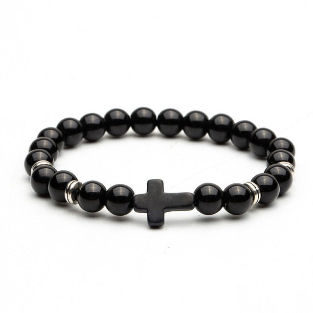 Charm Natural Lava Rocks Stone Beads Bracelet 8mm Jesus Cross Beaded Bracelets Handmade Men Women Prayer Fitness Chain Jewelry