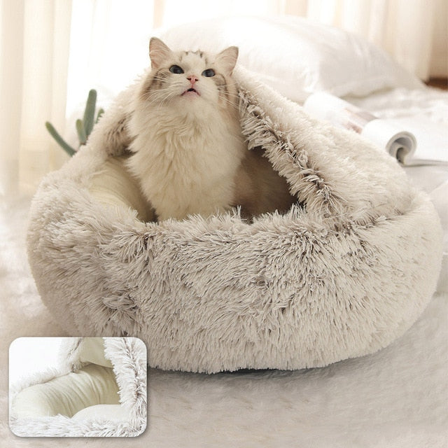 Hot Plush Round Cat Bed Cat Warm House Soft Long Plush Pet Dog Bed For Small Dogs Cat Nest 2 In 1 Pet Bed Cushion Sleeping Sofa