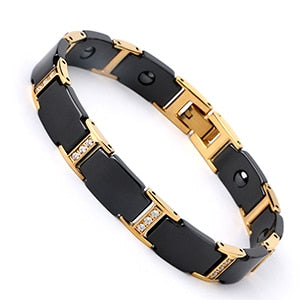 Luxury Men Gold Bracelet Health Black Ceramic Bio Magnetic Germanium Bracelets Men Hand Chain Link Crystal Stainless Jewelry