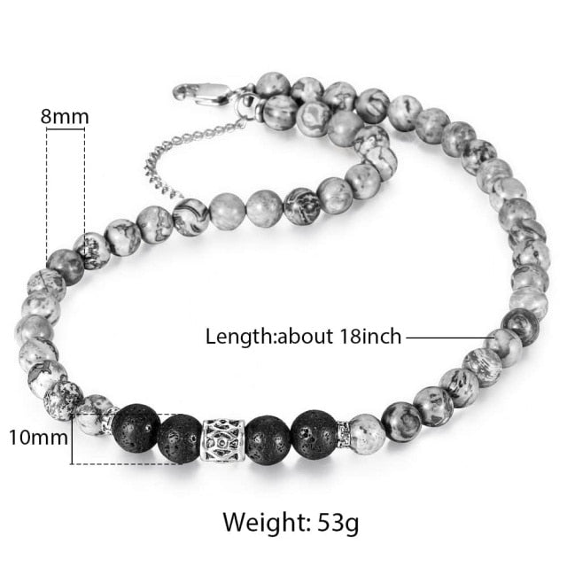 8mm Natural Stone Tiger Eyes Lava Bead Necklace Stainless Steel Bead Charm Choker Neck Chain Fashion Male Jewelry 18/20inch