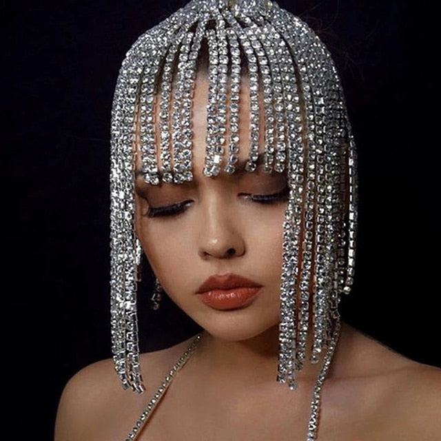 Gorgeous Long Tassel Headpiece Rhinestone Hair Chain Headband Bling Bridal Hat Women Crystal Hollow Head Chain Jewelry| |